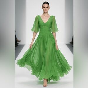 Chloé Gazon Green Silk Chiffon Ruched Maxi Dress T 42 (US 10) Made in France